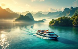 Petit ferry quittant un port calme vers des îles verdoyantes, mer turquoise, légère brume et lumière dorée du coucher de soleil.