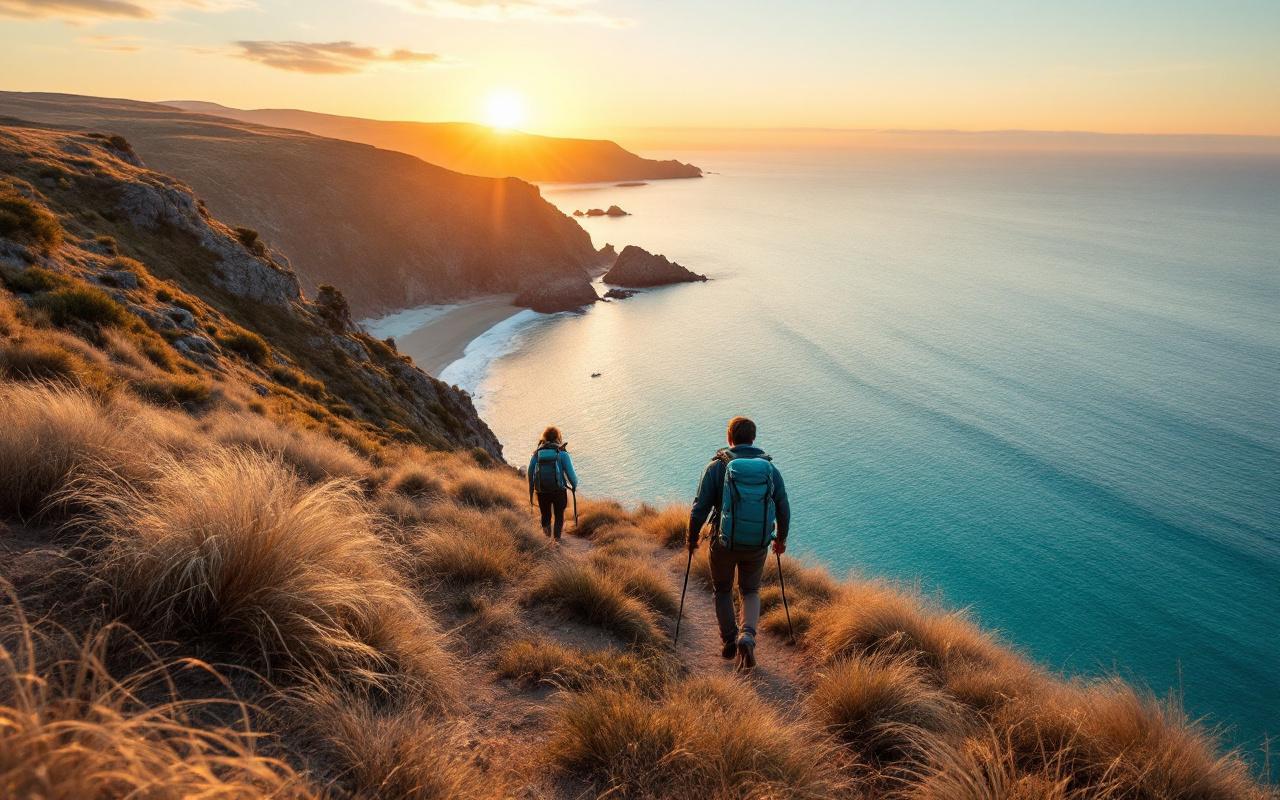 Deux randonneurs marchent sur un sentier côtier surplombant une baie calme, herbes balayées par le vent et falaises rocheuses en arrière-plan, eaux bleu-vert réfléchissant la lumière dorée du coucher de soleil.