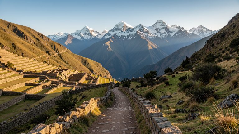 Vue panoramique d’un sentier andin au Pérou traversant des terrasses incas, avec des sommets enneigés baignés par la lumière dorée du matin.