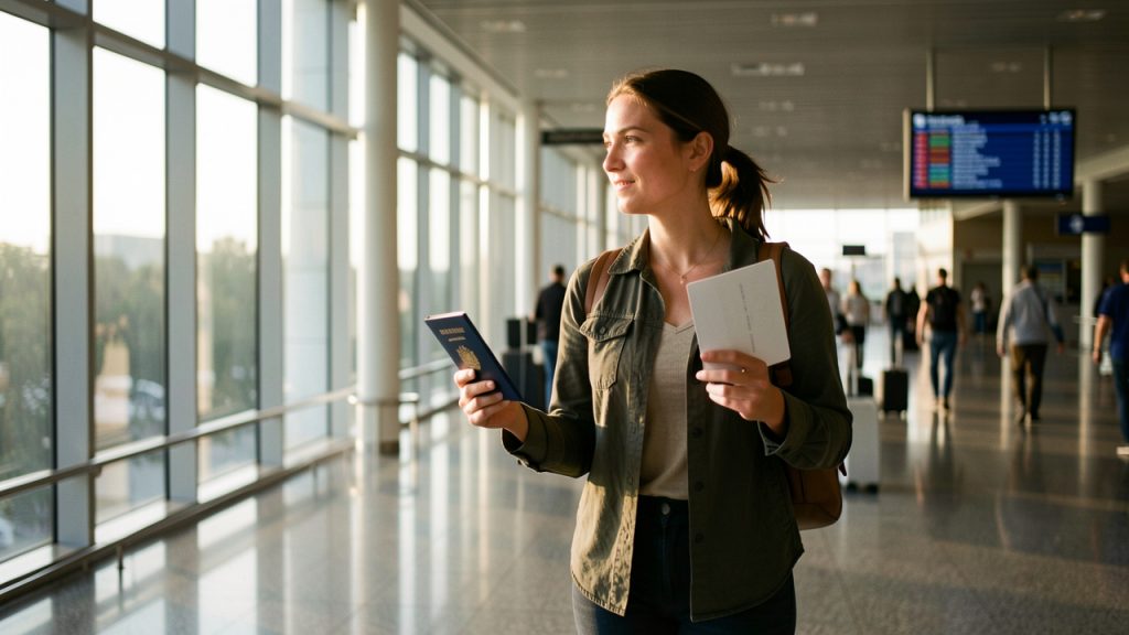 Une voyageuse marche dans un terminal d’aéroport international en tenant un passeport et une carte d’embarquement, avec le panneau des départs flou en arrière-plan et une lumière matinale réaliste.