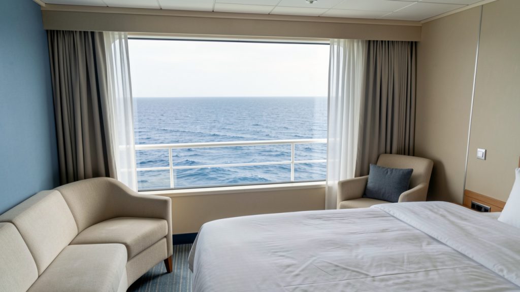 Cabine située au centre et sur un pont inférieur d’un navire de croisière, donnant sur une mer calme.