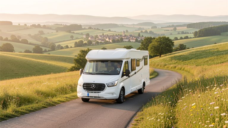 Un camping-car blanc avance sur une route panoramique entre des collines verdoyantes, des prairies fleuries et un village français baigné par une lumière douce.