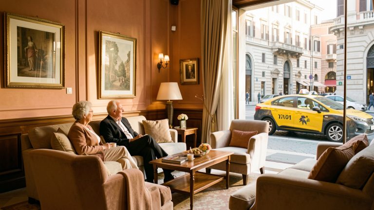 Un couple âgé se détend dans le hall élégant d’un hôtel accessible situé près du centre historique de Rome, avec un taxi visible à l’extérieur.