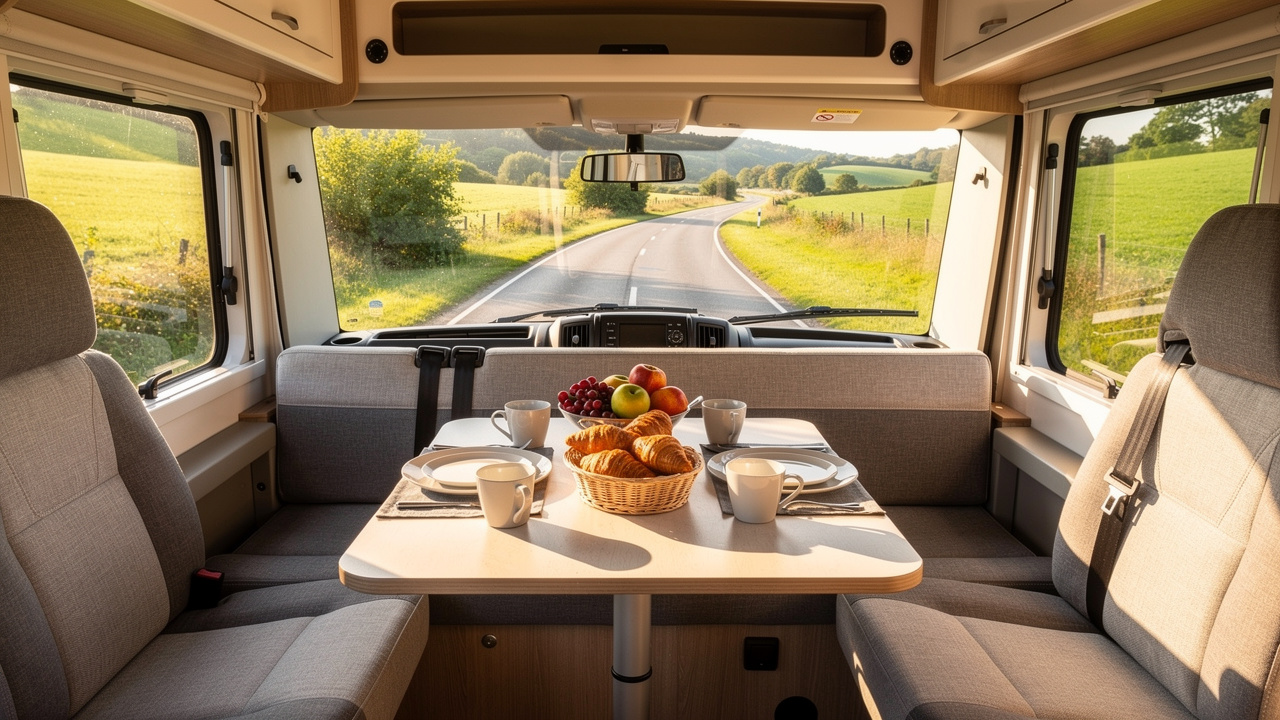 Intérieur lumineux et bien rangé d’un camping-car moderne, avec une table préparée pour le petit-déjeuner et une vue sur une route de campagne verdoyante.