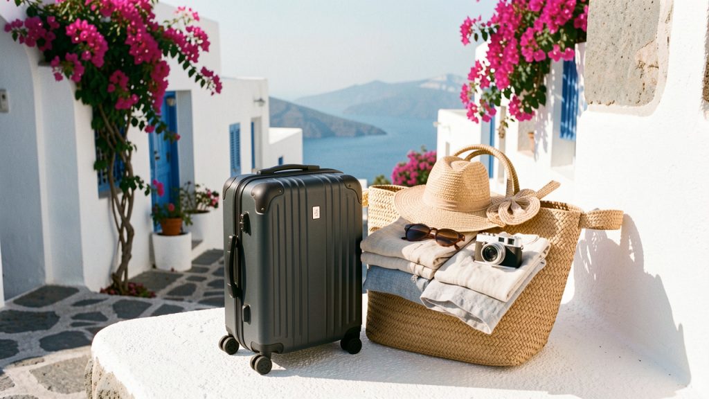 Valise cabine entourée d’accessoires de voyage devant un décor méditerranéen inspiré des îles grecques.