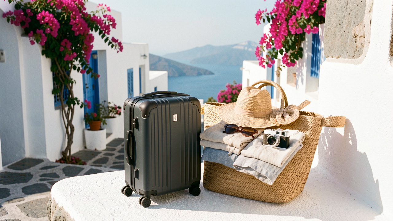 Valise cabine entourée d’accessoires de voyage devant un décor méditerranéen inspiré des îles grecques.