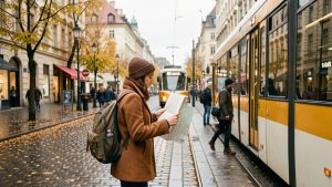 Une jeune voyageuse seule marche dans une ville européenne en novembre avec un sac à dos, près d’un tramway et de bâtiments historiques.