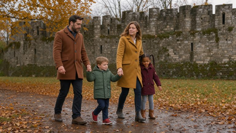 Une famille composée d’un homme, d’une femme et de deux enfants en manteaux d’automne marche devant les remparts du château d’Angers, parmi des feuilles dorées sous une lumière douce.