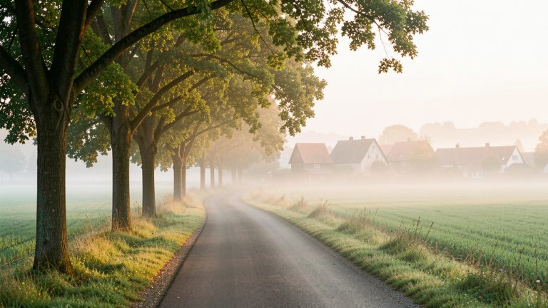 Route de campagne bordée d’arbres menant vers un village rural lointain, baignée par une douce lumière matinale.