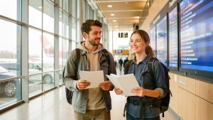 Un jeune homme et une jeune femme avec des sacs à dos marchent dans un aéroport européen lumineux, près d’un affichage de départs non lisible.